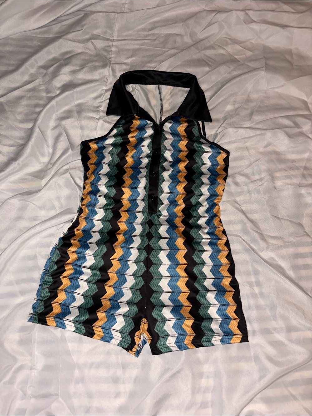 SHEIN Multicolor Chevron Halter Romper in Black, Green, Blue & Gold